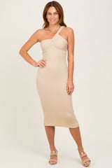 Beige Metallic Ribbed Knit One Strap Midi Dress