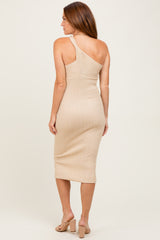 Beige Metallic Ribbed Knit One Strap Midi Dress