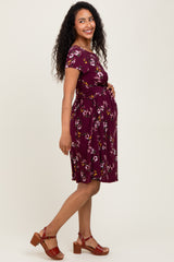 Burgundy Floral Crossover Front Maternity Dress