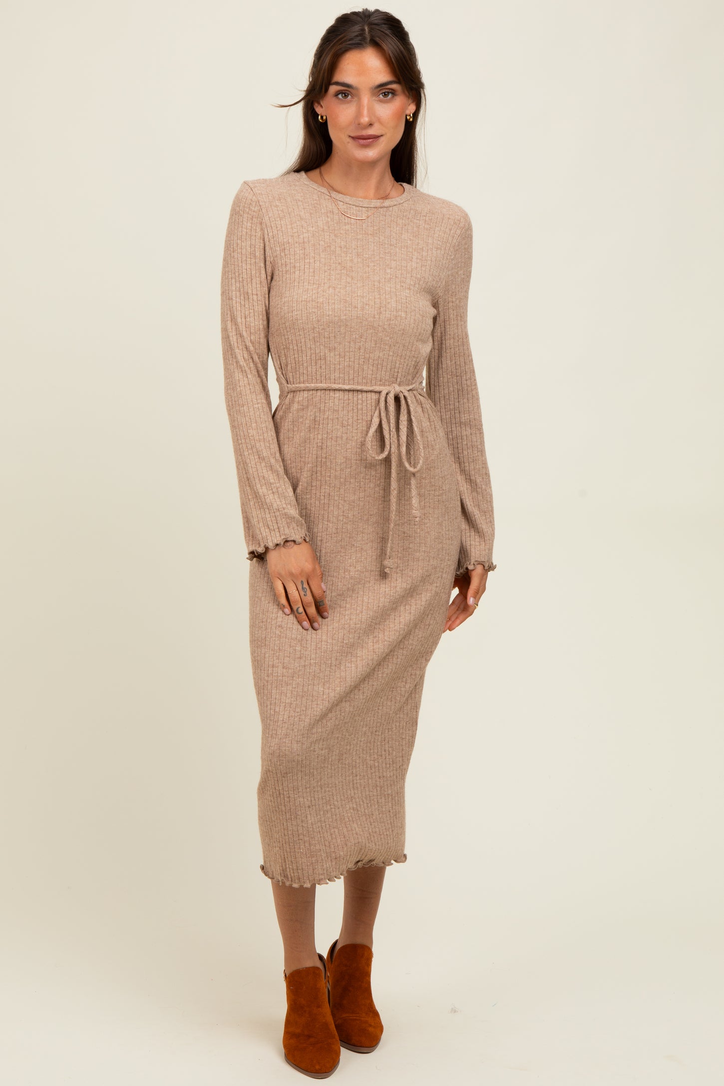 Camel Ribbed Ruffle Accent Long Sleeve Maternity Midi Dress
