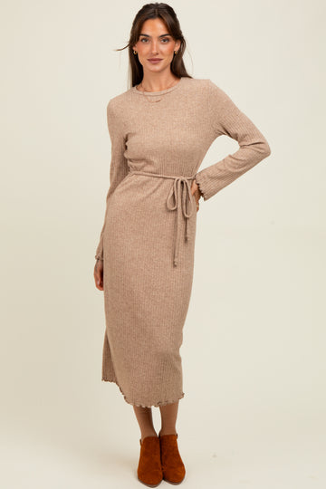 Camel Ribbed Ruffle Accent Long Sleeve Midi Dress