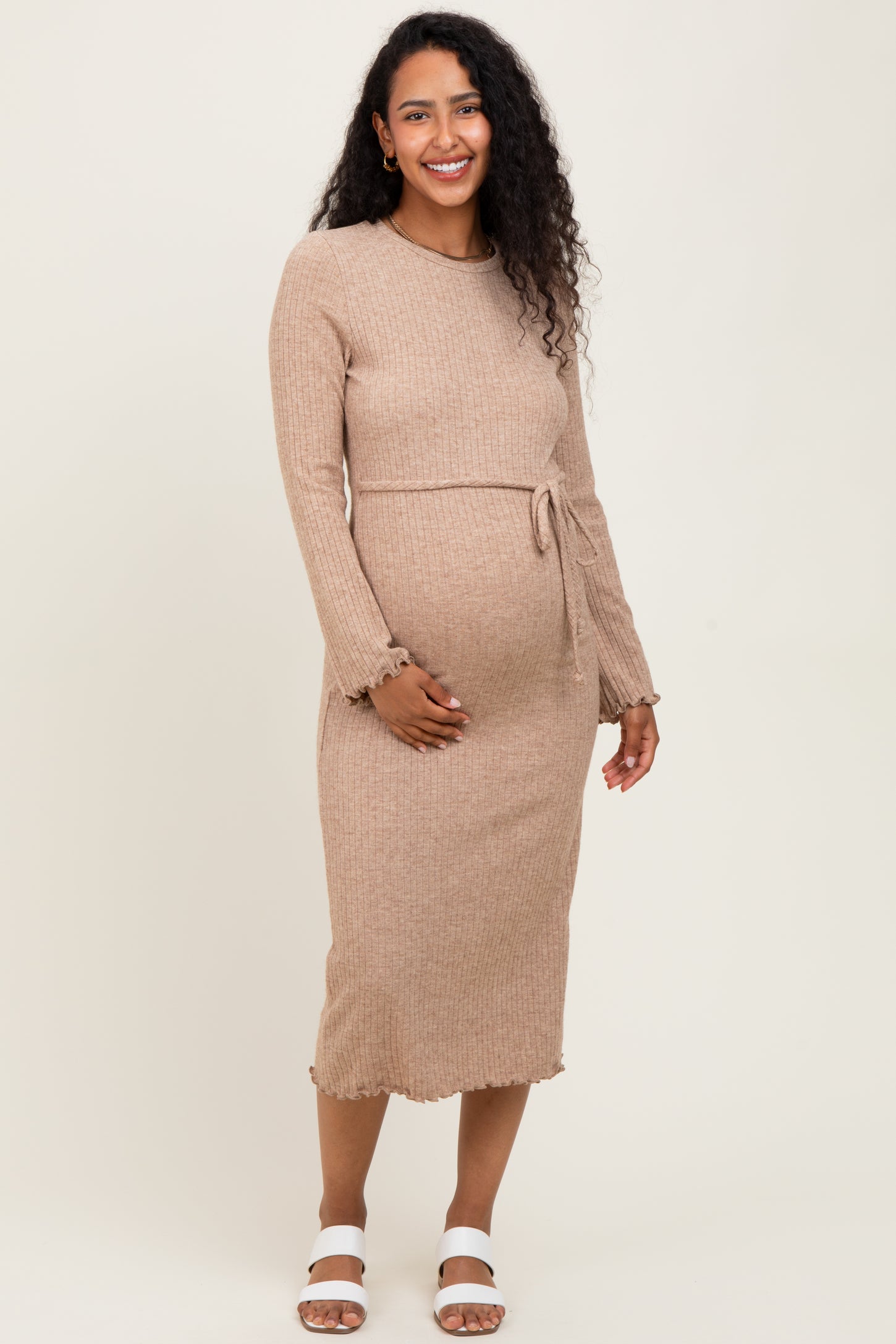 Camel Ribbed Ruffle Accent Long Sleeve Maternity Midi Dress
