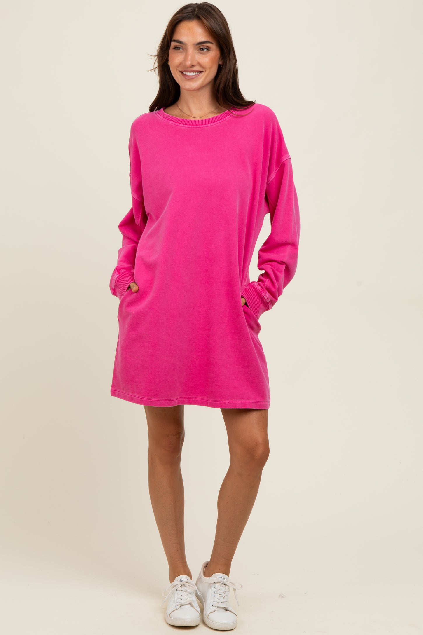 Fuchsia Oversized Long Sleeve T-Shirt Dress