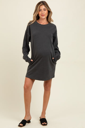 Charcoal Oversized Long Sleeve Maternity T-Shirt Dress