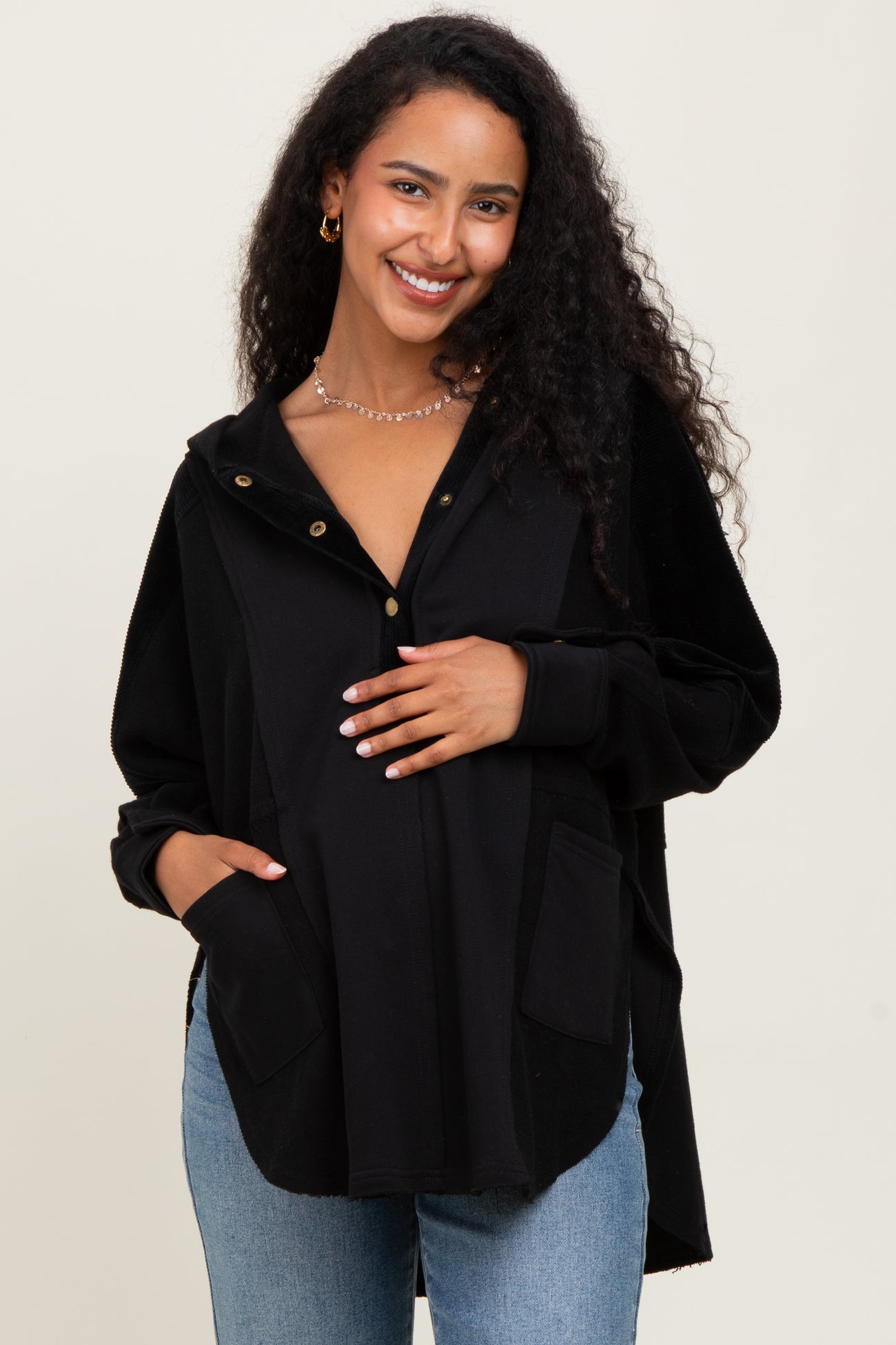 Black Corduroy Contrast Oversized Maternity Hoodie