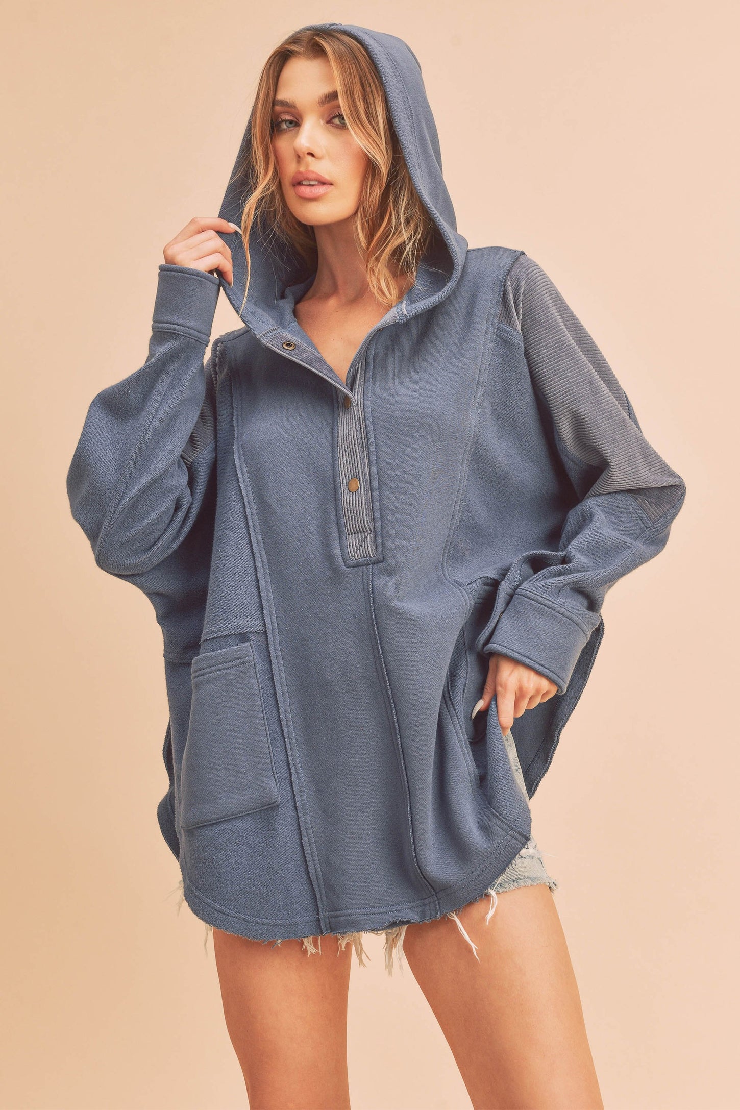 Blue Corduroy Contrast Oversized Hoodie