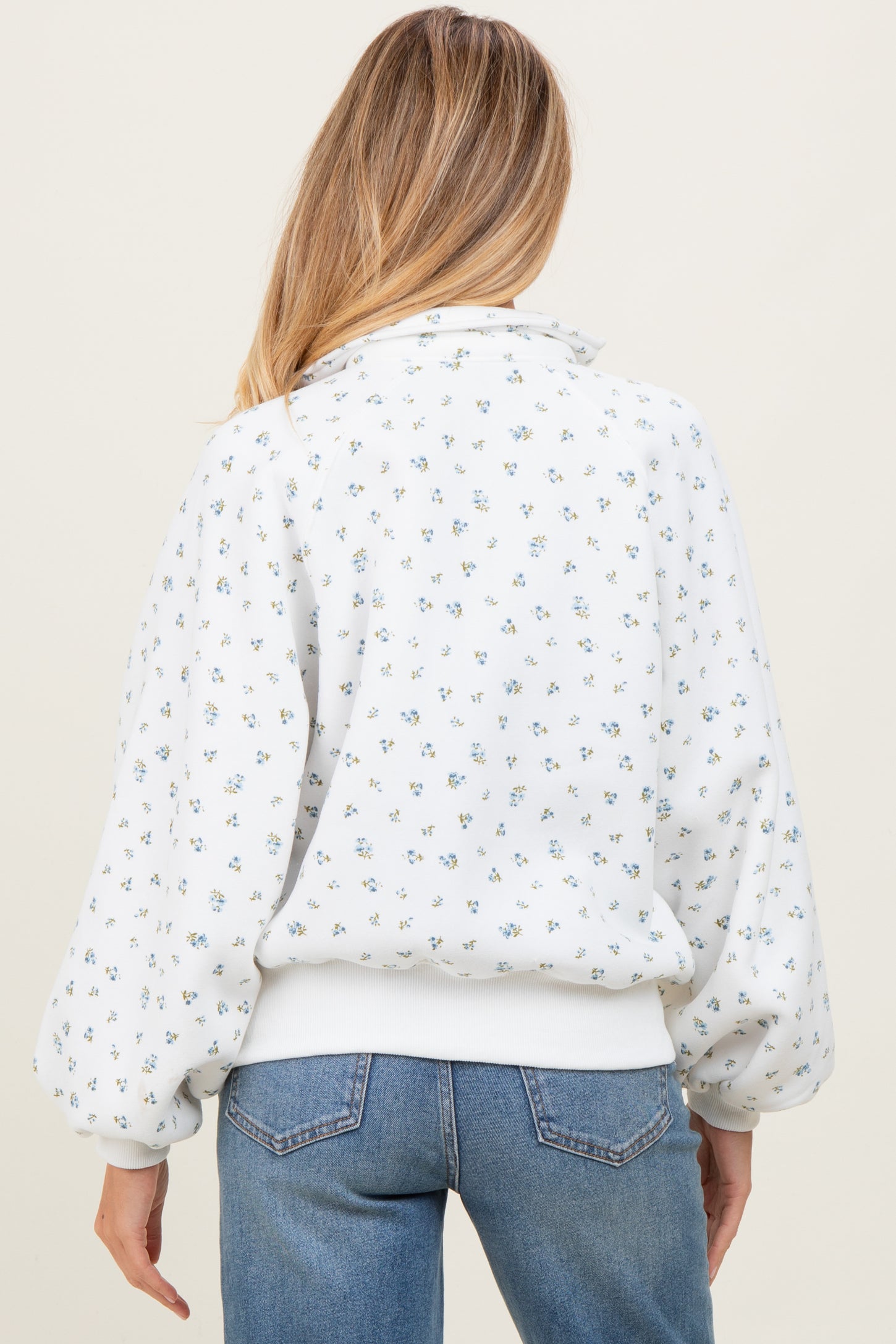 Ivory Floral Bubble Sleeve Snap Collar Maternity Sweatshirt