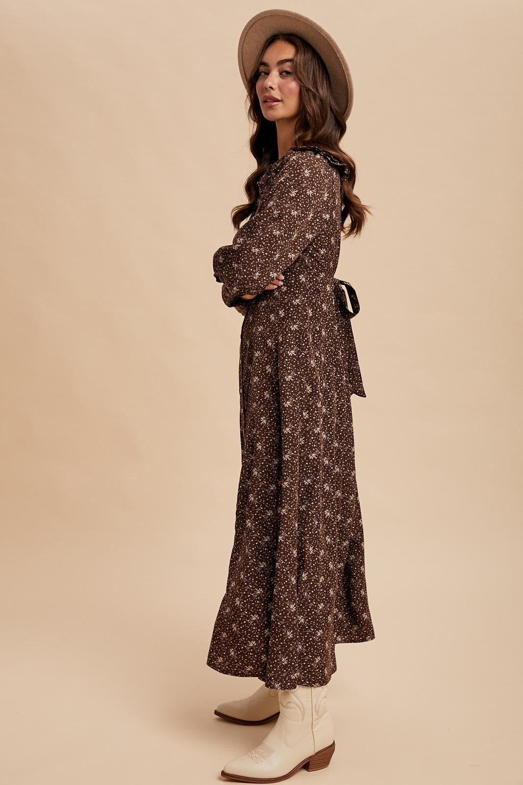 Brown Statement Collar Button Down Maxi Dress