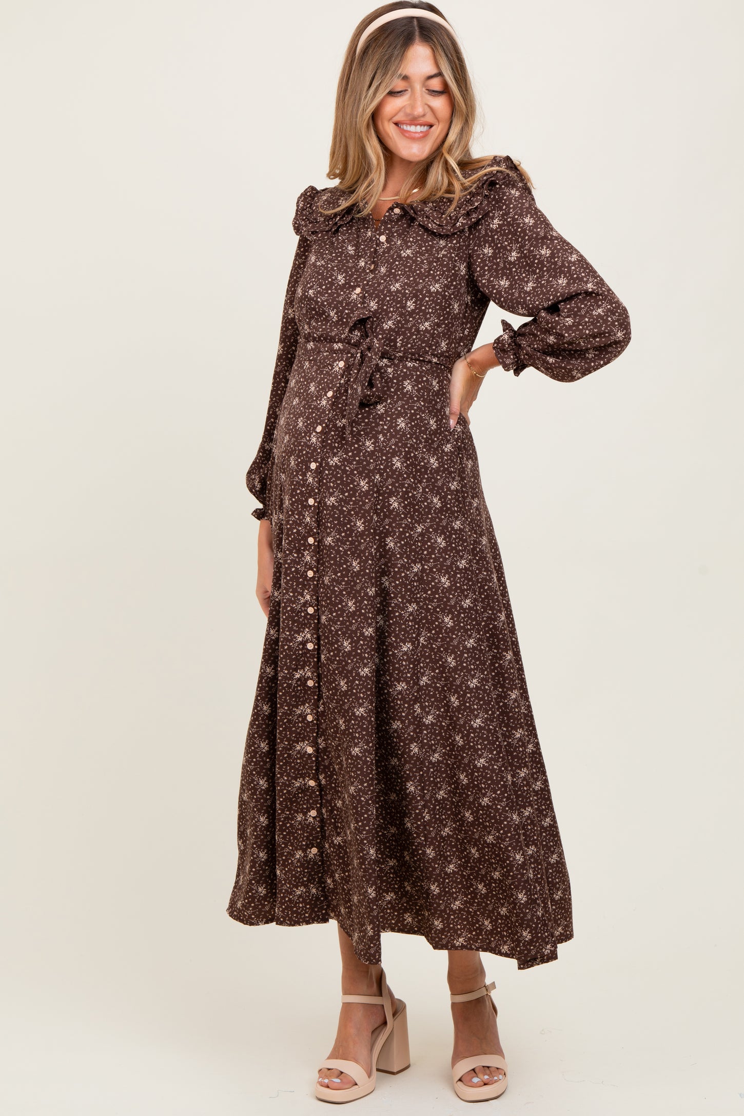 Brown Statement Collar Button Down Maternity Maxi Dress