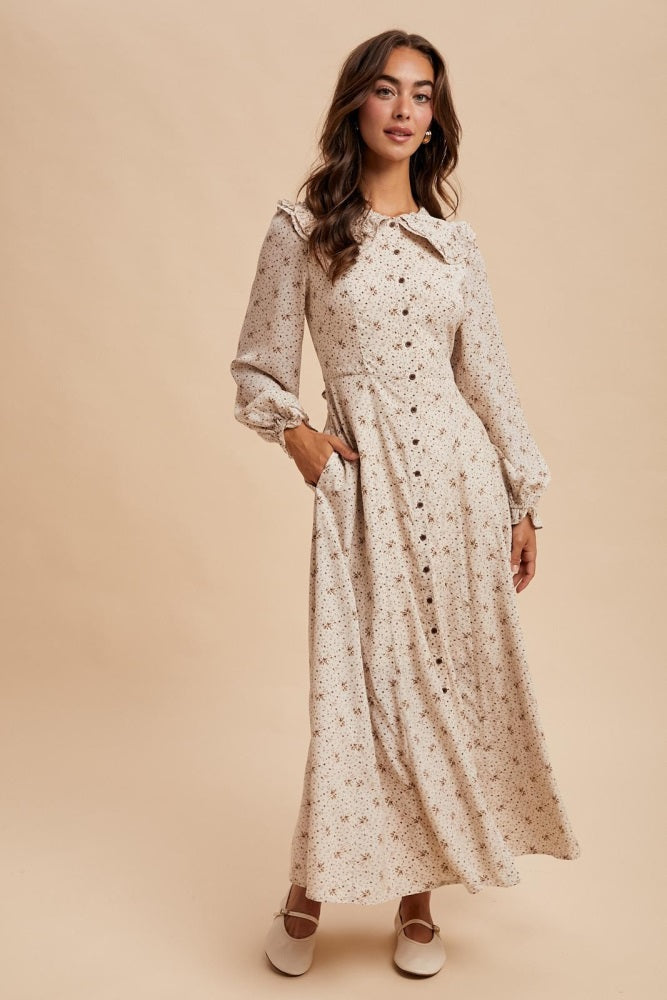 Cream Statement Collar Button Down Maxi Dress