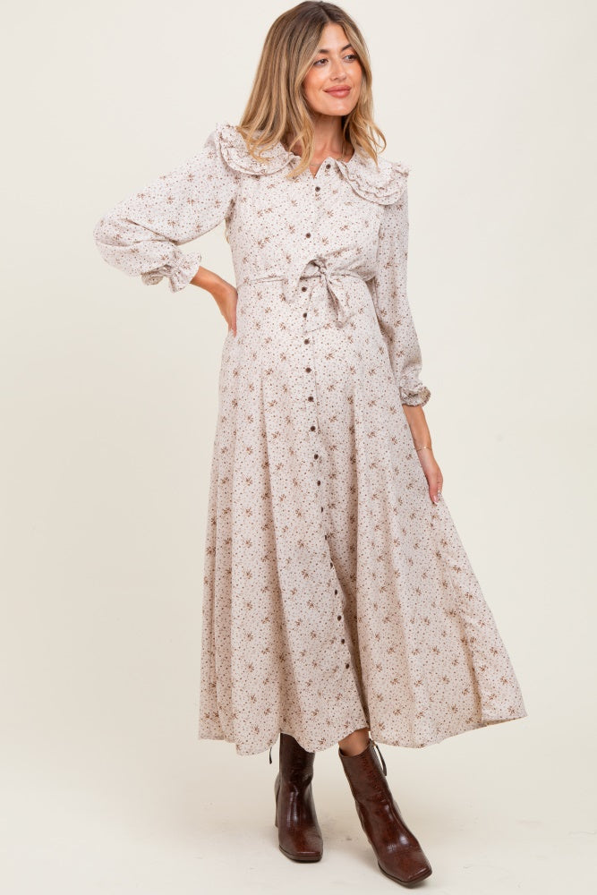 Cream Statement Collar Button Down Maternity Maxi Dress