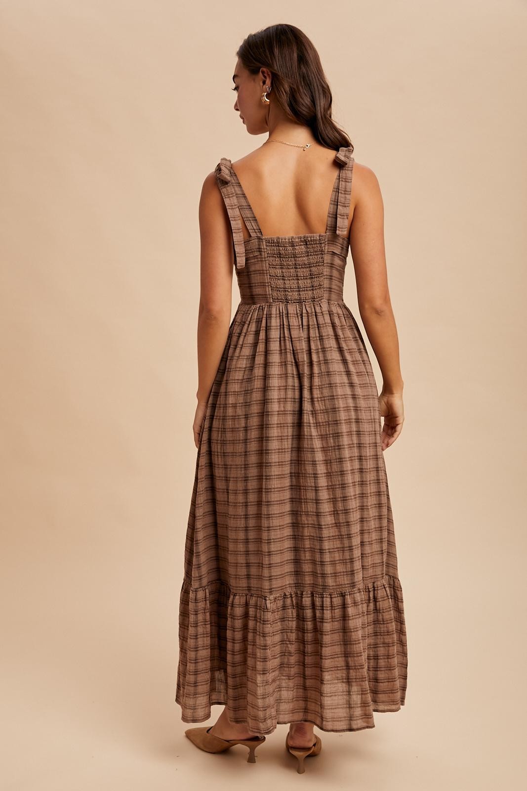 Mocha Plaid Sleeveless Cotton Maxi Dress