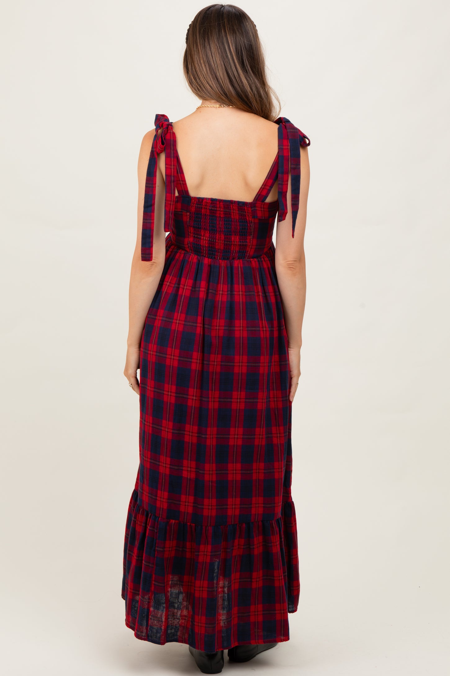 Red Plaid Sleeveless Cotton Maternity Maxi Dress