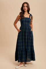 Hunter Green Plaid Sleeveless Cotton Maternity Maxi Dress