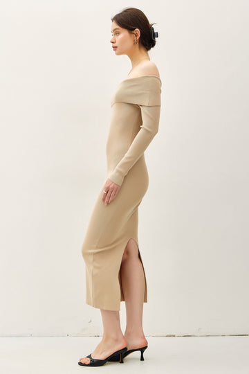 Beige Knit Off Shoulder Long Sleeve Midi Dress