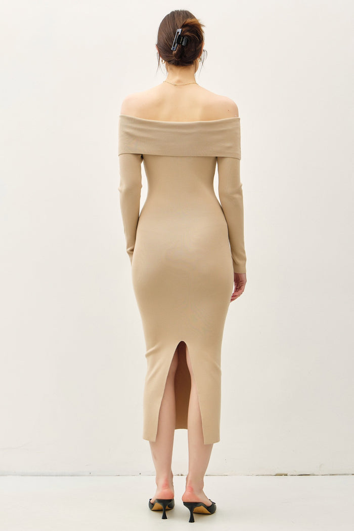 Beige Knit Off Shoulder Long Sleeve Midi Dress