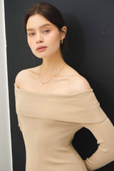 Beige Knit Off Shoulder Long Sleeve Midi Dress