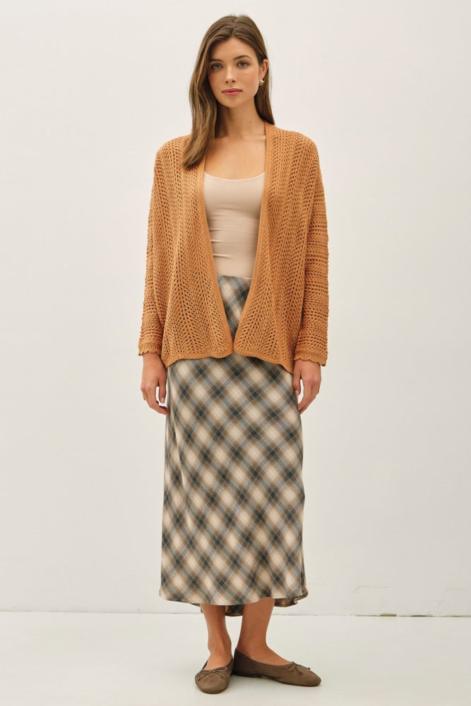 Camel Crochet Knit Scallop Detail Open Cardigan