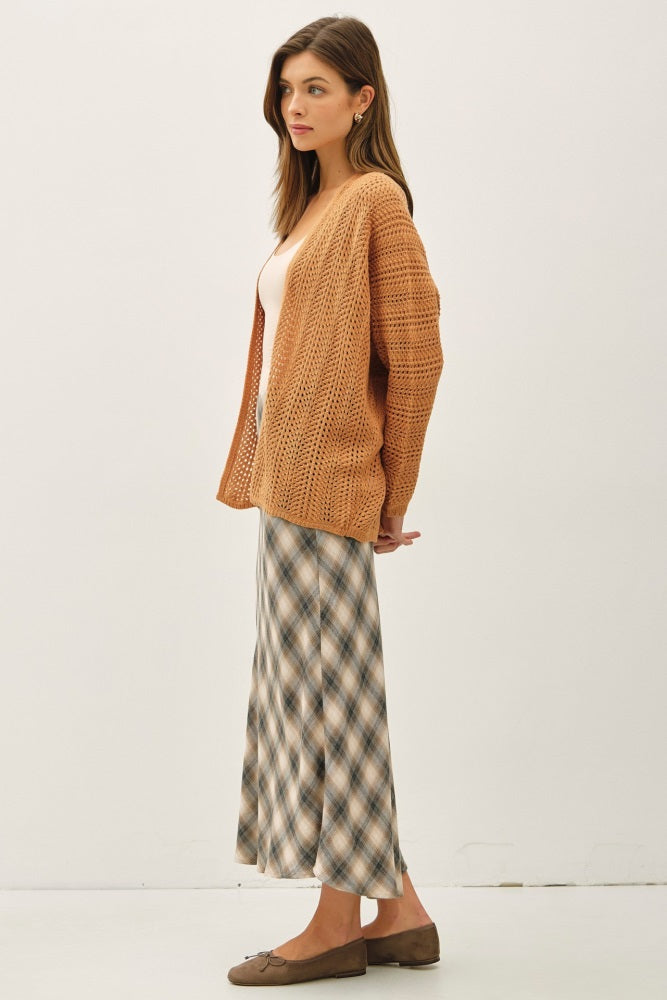 Camel Crochet Knit Scallop Detail Open Cardigan