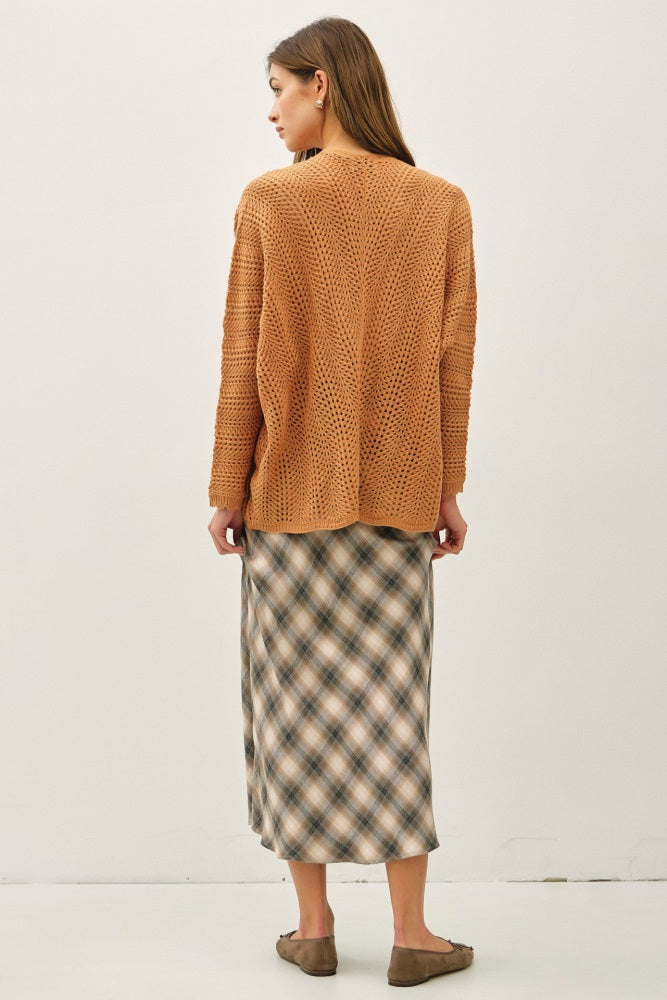 Camel Crochet Knit Scallop Detail Open Cardigan