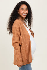 Camel Crochet Knit Scallop Detail Open Maternity Cardigan