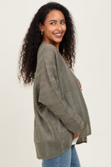 Olive Crochet Knit Scallop Detail Open Maternity Cardigan