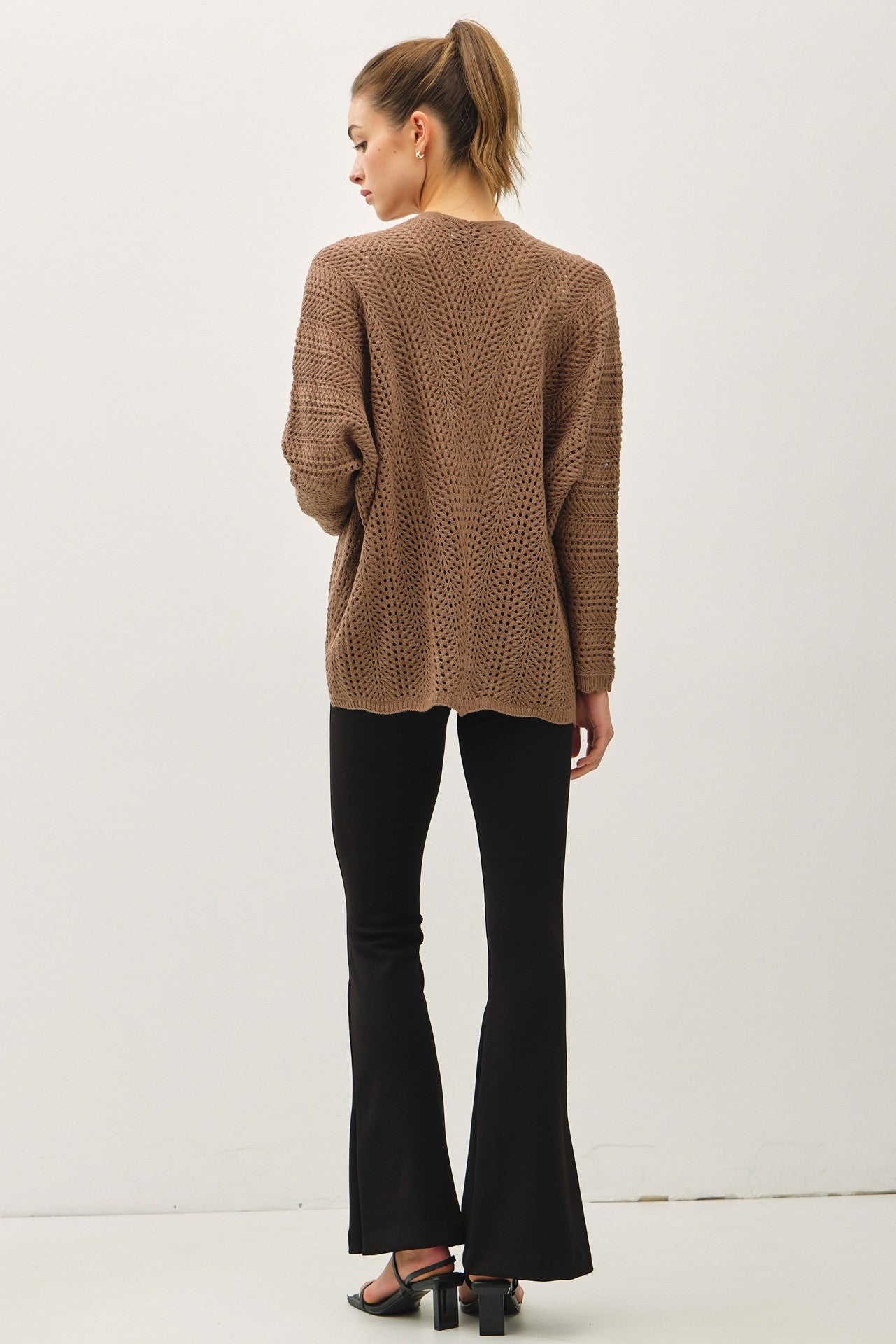 Brown Crochet Knit Scallop Detail Open Cardigan