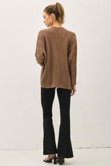 Brown Crochet Knit Scallop Detail Open Cardigan