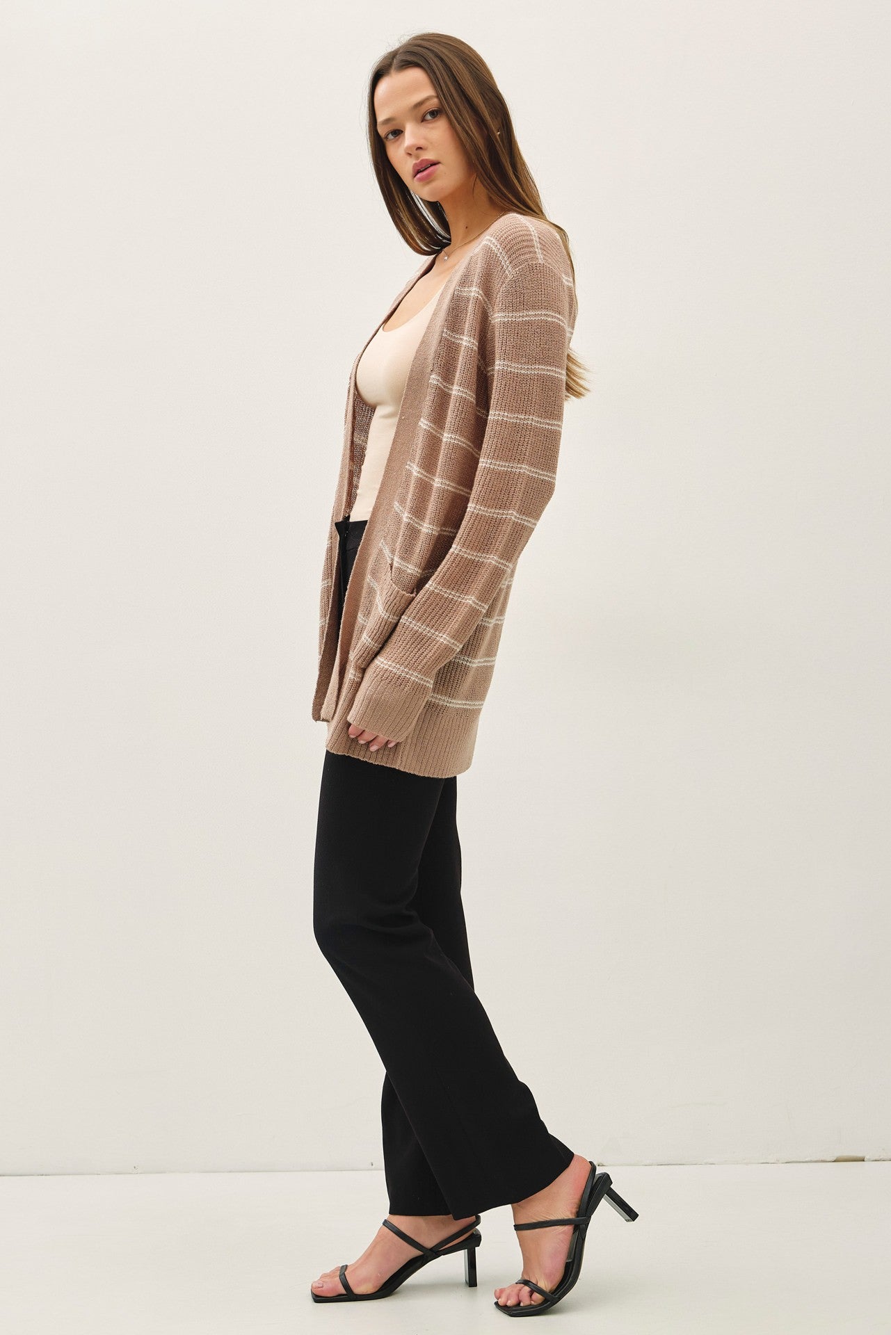 Mocha Fine Knit Striped Open Cardigan