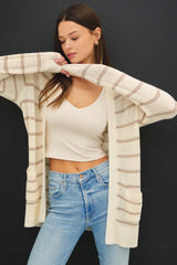 Cream Fine Knit Striped Open Cardigan