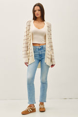Cream Fine Knit Striped Open Cardigan