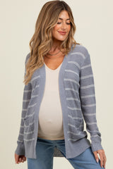 Blue Grey Fine Knit Striped Maternity Open Cardigan