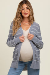Blue Grey Fine Knit Striped Maternity Open Cardigan