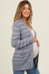 Blue Grey Fine Knit Striped Maternity Open Cardigan