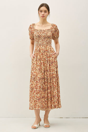 Rust Floral Smocked Tiered Midi Dress