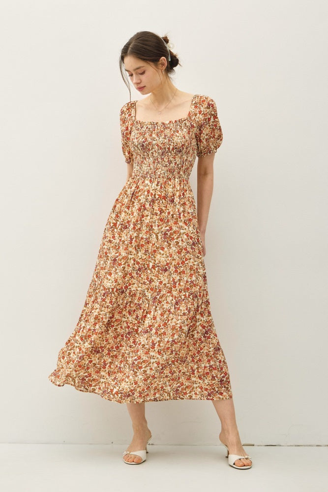 Rust Floral Smocked Tiered Midi Dress