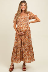 Rust Floral Smocked Tiered Maternity Midi Dress