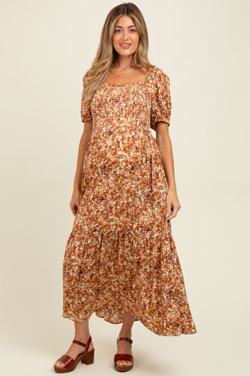 Rust Floral Smocked Tiered Maternity Midi Dress