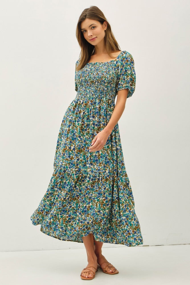 Blue Floral Smocked Tiered Midi Dress