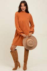 Camel Ribbed Mock Neck Bubble Sleeve Dress