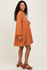Camel Ribbed Mock Neck Bubble Sleeve Maternity Dress