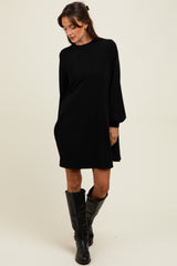 Black Ribbed Mock Neck Bubble Sleeve Maternity Dress