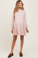 Light Pink Ribbed Mock Neck Bubble Sleeve Maternity Dress