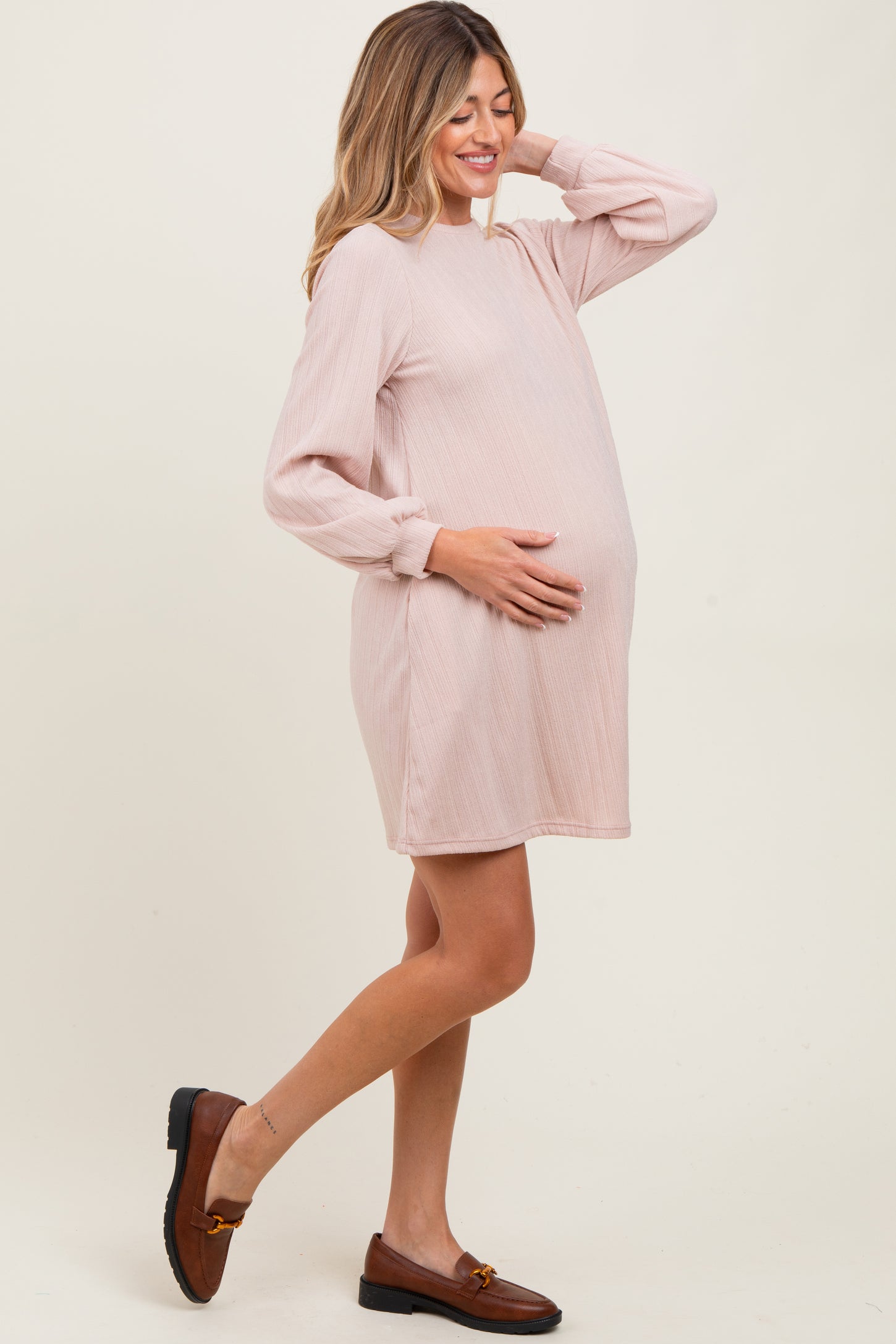 Light Pink Ribbed Mock Neck Bubble Sleeve Maternity Dress