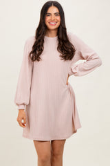 Light Pink Ribbed Mock Neck Bubble Sleeve Dress