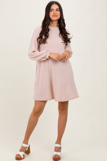 Light Pink Ribbed Mock Neck Bubble Sleeve Dress