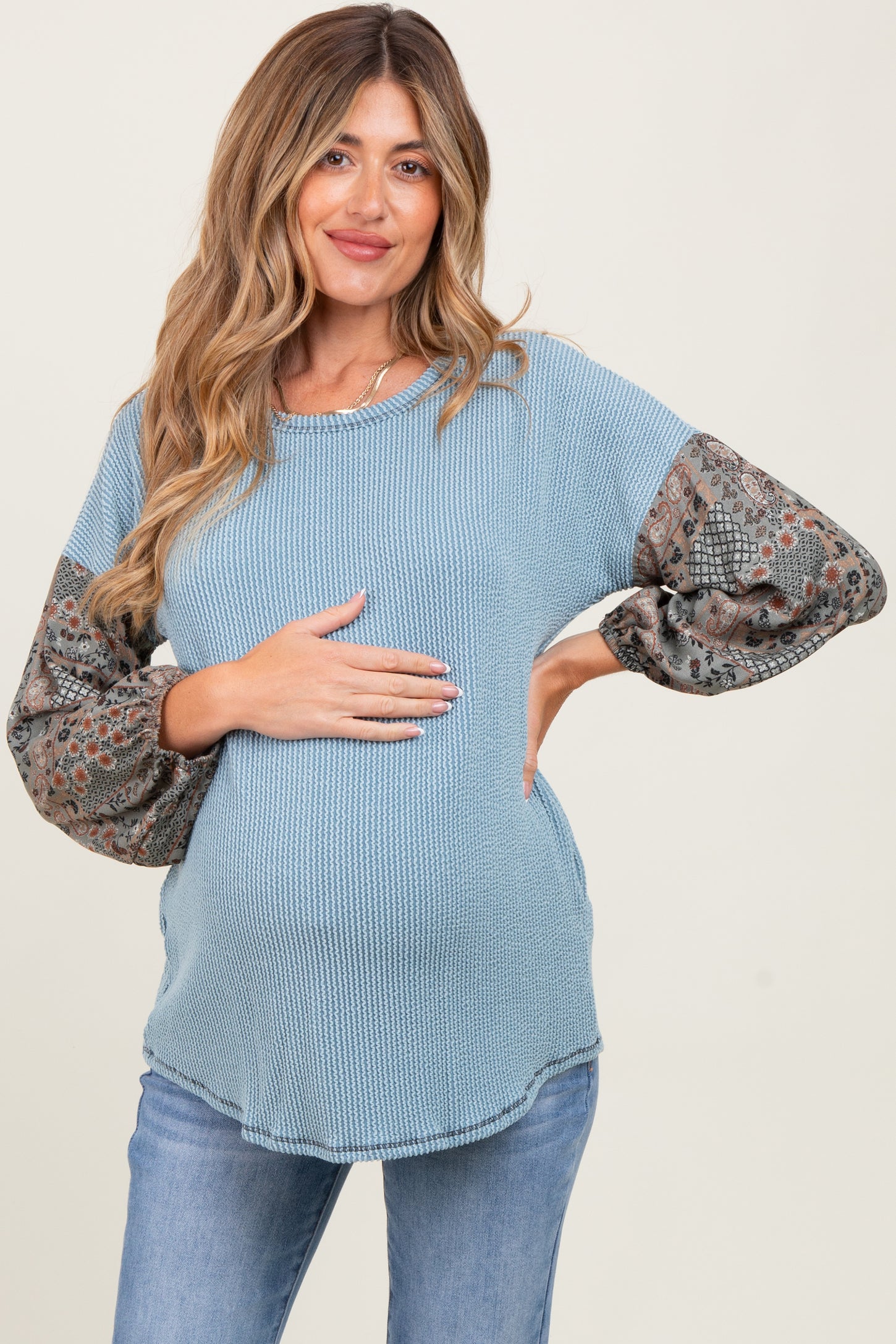 Light Blue Floral Ribbed Colorblock Maternity Long Sleeve