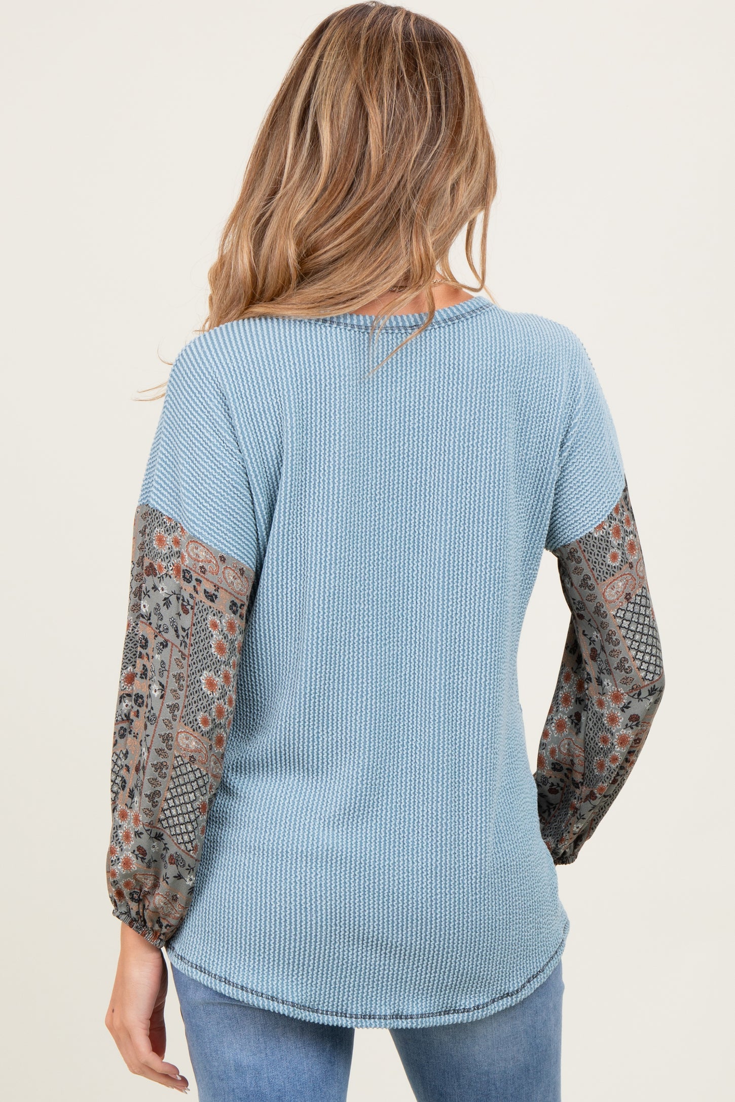Light Blue Floral Ribbed Colorblock Maternity Long Sleeve