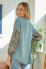 Light Blue Floral Ribbed Colorblock Long Sleeve