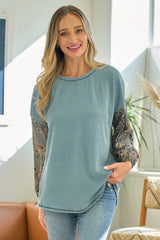 Light Blue Floral Ribbed Colorblock Long Sleeve
